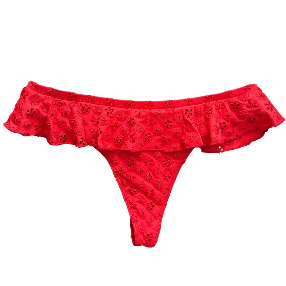 Victoria's Secret PINK x Frankies Bikinis Red Eyelet Ruffle Thong Bottom XS NEW
